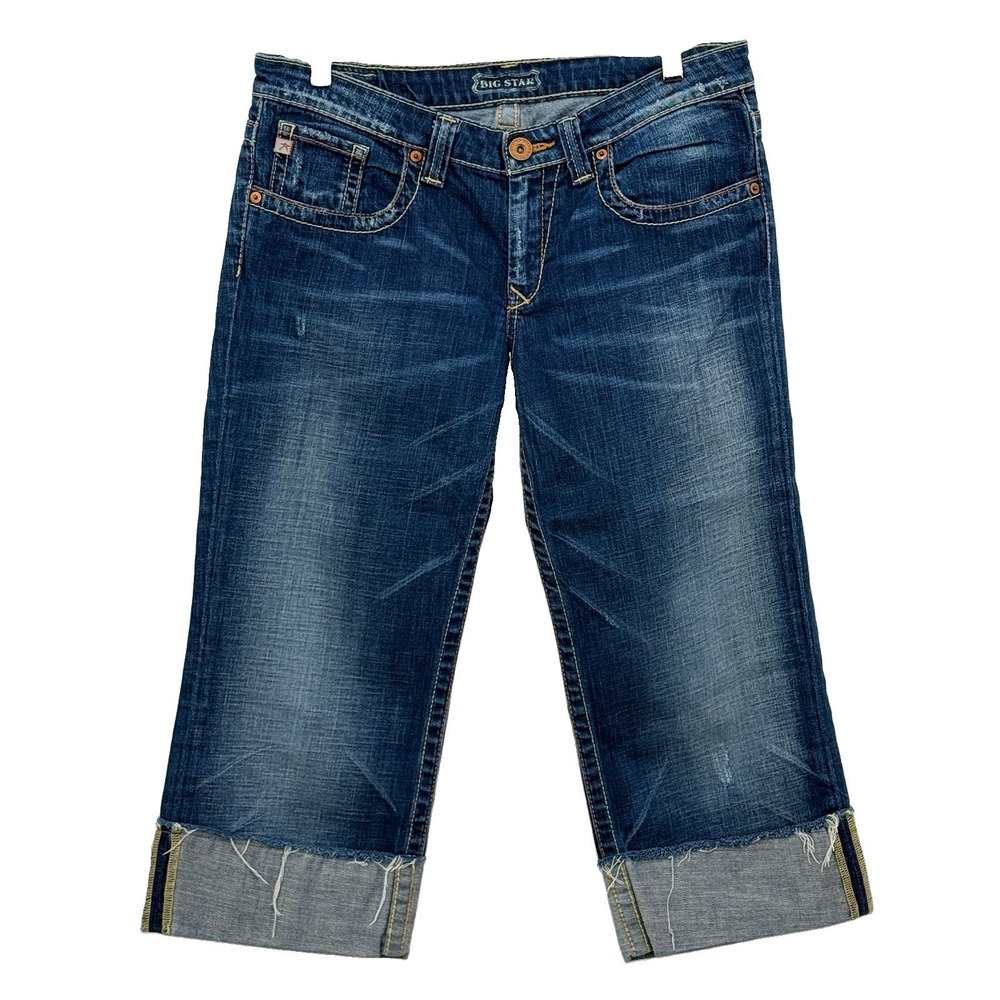 Big Star Womens 31  XL Blue Denim Jeans Casey Capri Cuff Thick Stitch